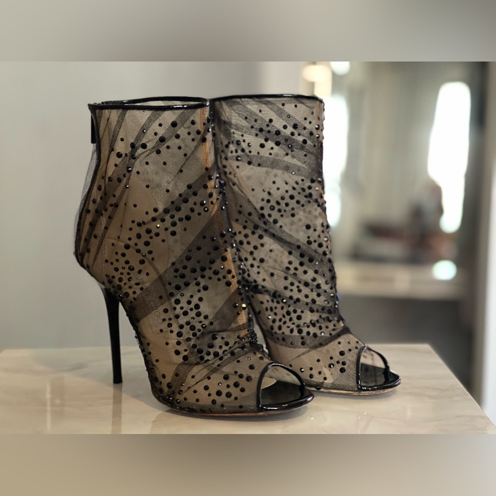 Jimmy Choo Black Crystal Embellished Open-Toe Booties sz 39